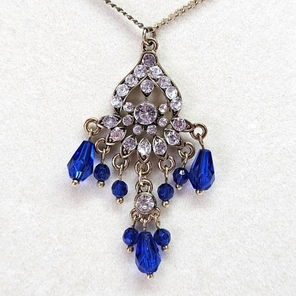 VINTAGE Victorian Revival Rhinestone and Blue Pendant Gold-Tone Necklace - Picture 6 of 6